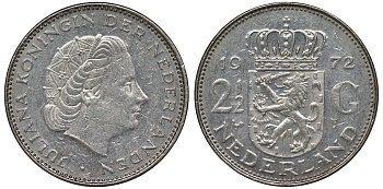 Нидерланды 2 1/2 гульдена 1972 Юлиана (1948-1980) KM 191 никель 4131-131