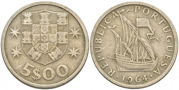 ПОРТУГАЛИЯ 5 ЭСКУДО 1964 ПАРУСНИК KM 591 медно-никель 3718-451