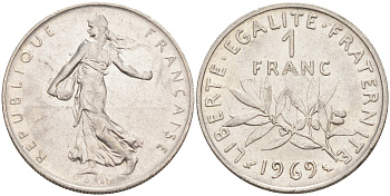 Франция 1 франк 1969 сеятель KM 925.1, Le Franc 226.14 никель 4513-717
