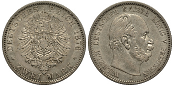 Пруссия 2 марки 1876 A, Вильгельм I (1861-1888), цена по каталогу MT 200 евро Weege 96A, J. 96A, KM 506 серебро 413-3124