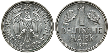 ФРГ 1 МАРКА 1977 D J 385, KM 110 медно-никель aUNC 72-854