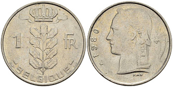 БЕЛЬГИЯ 1 ФРАНК 1980 BELGIQUE KM 142.1 медно-никель 4546-524