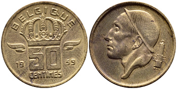 БЕЛЬГИЯ 50 САНТИМОВ 1959 BELGIQUE KM 148.1 бронза 4392-831