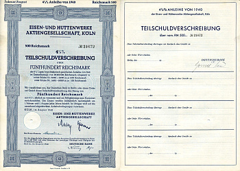 Германия 500 рейхсмарок 1940 АО металлургических и металлургических заводов, Кельн, 4-1/2% частичное обязательство, облигация   бумага  8801-93-1