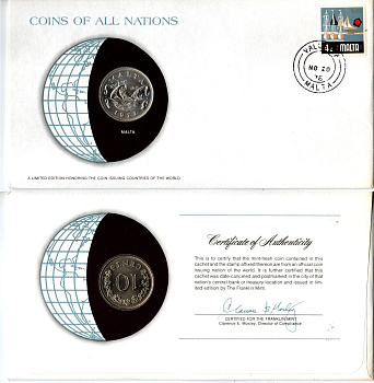 Мальта 10 центов 1972 конверт с маркой первого дня гашения, Coins of Nations KM 11 медно-никель UNC 4294-45-3