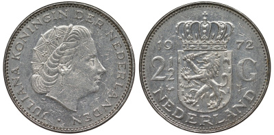 Нидерланды 2 1/2 гульдена 1972 Юлиана (1948-1980) KM 191 никель 4131-131