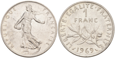 Франция 1 франк 1969 сеятель KM 925.1, Le Franc 226.14 никель 4513-717