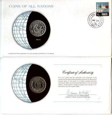 Мальта 10 центов 1972 конверт с маркой первого дня гашения, Coins of Nations KM 11 медно-никель UNC 4294-45-3