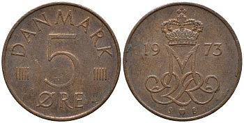 Дания 5 эре 1973 S; B, Маргрете II (1972- ) KM 859.1 железо плакированное медью 116-143
