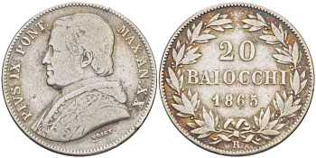 Ватикан 20 байоччи 1865 R, год XX, папа Пий IX (1846-1878) KM 1360 (С173а) серебро    1521-1643