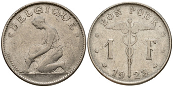 Бельгия 1 франк 1923 Belgique, Альберт I (1909-1934) KM 89 никель 33-1235
