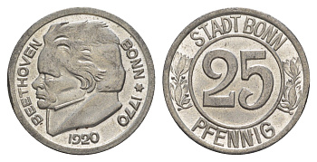 Бонн 25 пфеннигов 1920 Бетховен, Северный Рейн-Вестфалия, нотгельд Funck 51.2A, Men05 3220.4, Men18 4134.4 железо UNC 4582-533