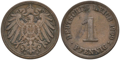 Германия 1 пфенниг 1909 A KM 10, J. 10 медь 4576-119