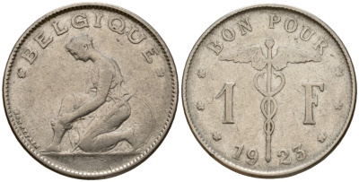 Бельгия 1 франк 1923 Belgique, Альберт I (1909-1934) KM 89 никель 33-1235