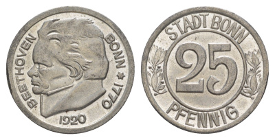Бонн 25 пфеннигов 1920 Бетховен, Северный Рейн-Вестфалия, нотгельд Funck 51.2A, Men05 3220.4, Men18 4134.4 железо UNC 4582-533