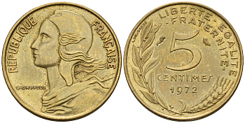 Франция 5 сантимов 1972 тип Марианна KM 933 медь алюминий никель    4152-1221