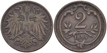 АВСТРИЯ 2 ГЕЛЛЕРА 1894 ФРАНЦ ИОСИФ (1846-1918) KM 2801 бронза 201-947