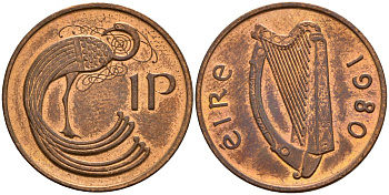 Ирландия 1 пенни 1980 мифологическая птица лира KM 20 бронза 4141-234