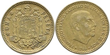 Испания 1 песета 1966 (74) Франсиско Франко (1939-1975) KM 796 алюминиевая бронза 110-1251