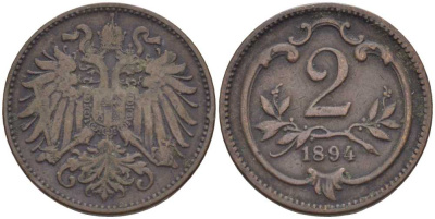 АВСТРИЯ 2 ГЕЛЛЕРА 1894 ФРАНЦ ИОСИФ (1846-1918) KM 2801 бронза 201-947