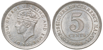 Британская Малайя 5 центов 1943 Георг VI (1937-1952) KM 3a серебро 53-157