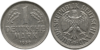 ФРГ 1 марка 1950 D, KM 110, J. 385 медно-никель 51-816