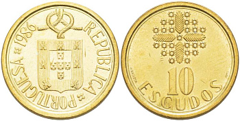 ПОРТУГАЛИЯ 10 ЭСКУДО 1986 KM 633 никель латунь XF+ 4513-1112