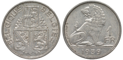 Бельгия 1 франк 1939 Леопольд III (1934-1950), Belgique-Belgie, лев KM 119 никель 4163-211