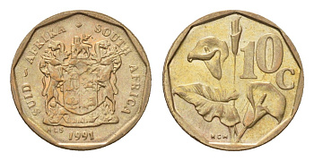 ЮАР 10 центов 1991 герб, цветок алоэ KM 135 сталь плакированная бронзой UNC 4694-642