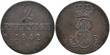 ГАННОВЕР 2 ПФЕННИГА 1842 А, ВИЛЬГЕЛЬМ IV (1830-1837) KM 174.1 медь 4448-1053