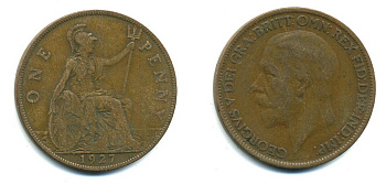 Великобритания 1 пенни 1927 Георг V (1910-1936) КМ 826, Spink 4054 бронза 41-922
