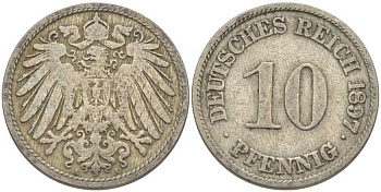 Германия 10 пфеннигов 1897 А KM 12, J. 13 медно-никель 210-631