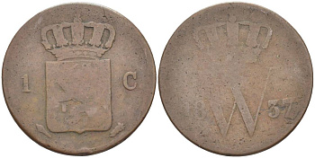 НИДЕРЛАНДЫ 1 ЦЕНТ 1837 ВИЛЛИАМ I (1815-1840) KM 47 медь 219-616