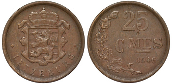 Люксембург 25 сантимов 1946 Шарлотта (1918-1964) KM 45 бронза 4164-355