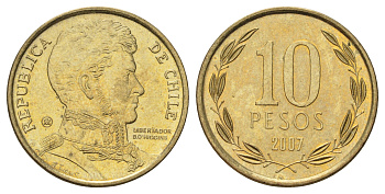 Чили 10 песо 2007 KM 228 никель латунь UNC 4171-557
