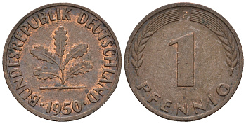 ФРГ 1 пфенниг 1950 F KM 105, J.380 сталь плакированная медью 4609-326