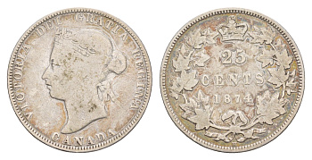 Канада 25 центов 1874 H, Виктория (1837-1901) KM 5 серебро 1518-1535
