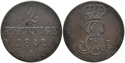 Ганновер 2 пфеннига 1842 А, ВИЛЬГЕЛЬМ IV (1830-1837) KM 174.1 медь 4448-1053