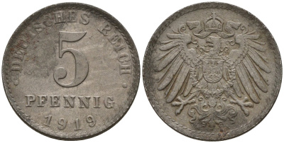 Германия 5 пфеннигов 1919 A KM 19, J. 297 железо 4151-625