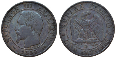 Франция 5 сантимов 1854 В, Наполеон III (1852-1870) KM 777.2, Le Franc 116.9 бронза 4121-1252