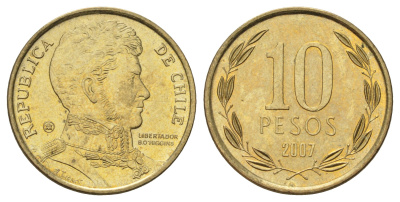 Чили 10 песо 2007 KM 228 никель латунь UNC 4171-557