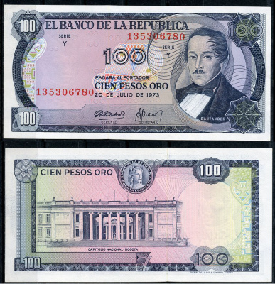 Колумбия 100 песо 1973 генерал Франсиско де Паула Сантандер, герой освободительной войны Pick 415  бумага  UNC (пресс) 7219-2-3-1