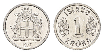 Исландия 1 крона 1977 KM 23 алюминий UNC 4687-817