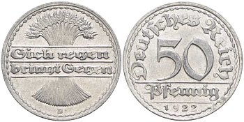 ГЕРМАНИЯ 50 ПФЕННИГОВ 1922 D KM 27, J. 301, Weege 10 алюминий 261-811