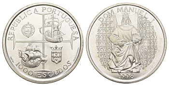 Португалия 1000 эскудо 1998 Король Мануэл I KM 713 серебро BU 1088-1-31