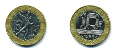 Франция 10 франков 1988 тип Гений Бастилии KM 964.1, Le Frank 375.2 биметалл 51-4733