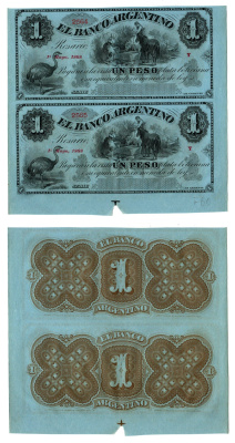 Аргентина 1 песо 1868 неразрезанные банкноты. Страус. гаучо, лошади, девушка Pick S1531 бумага 451-1264-2
