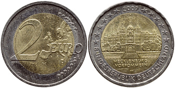 ФРГ 2 евро 2007 F, серия федеральные земли, Мекленбург-Передняя Померания, Шверинский замок KM 260 биметалл UNC 63-1344