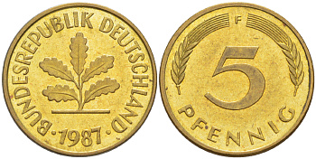 ФРГ 5 пфеннигов 1987 F KM 107, J. 382 сталь плакированная латунью 220-439