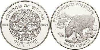 Бутан 300 нгултрумов 1993 серия сохраним наш мир, такин KM 67 серебро PROOF 11-268-11